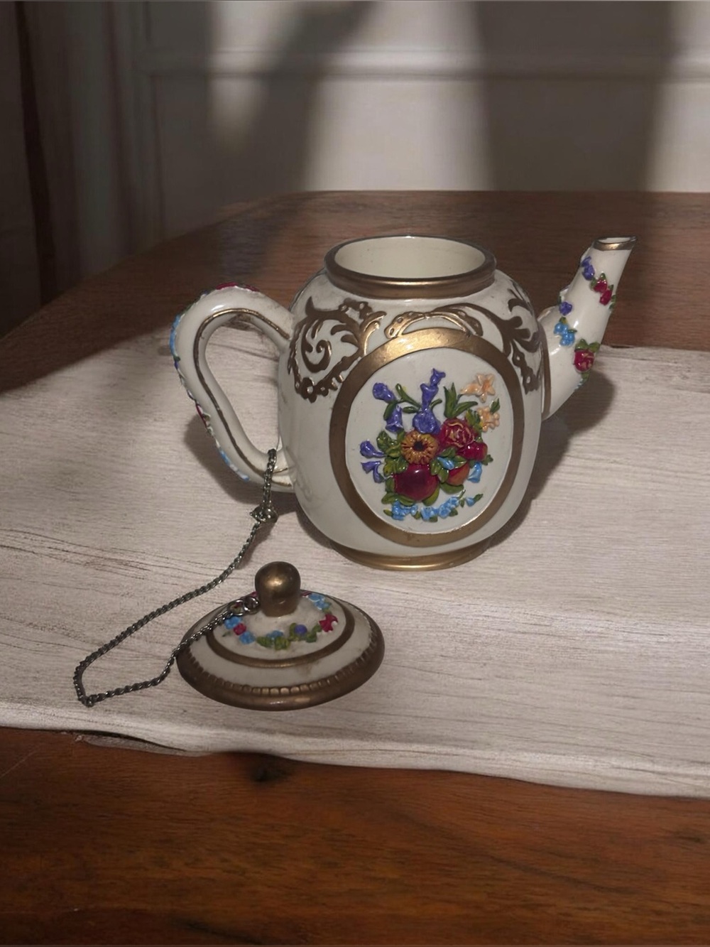 Vintage NINI Miniature Teapot Trinket Box Hand Painted Floral Fruit Gold Chain